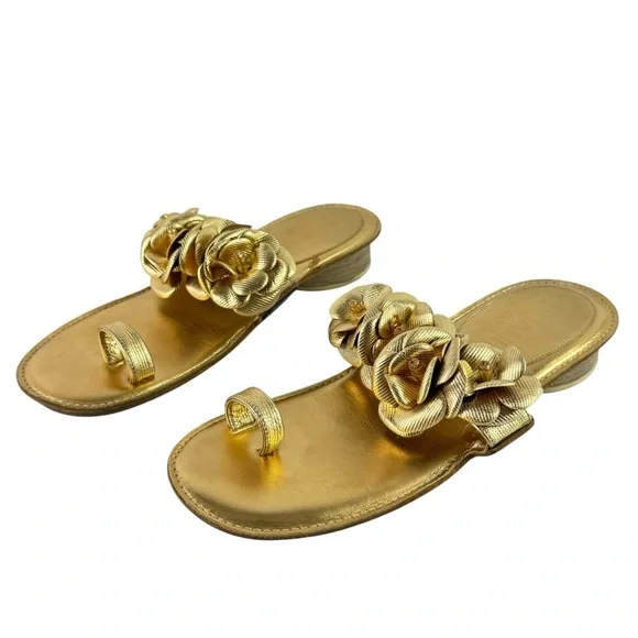 CHANEL Gold Leather Camellia Flower Toe Ring Sandals Made in Italy 36C - 6US - Picture 5 of 14